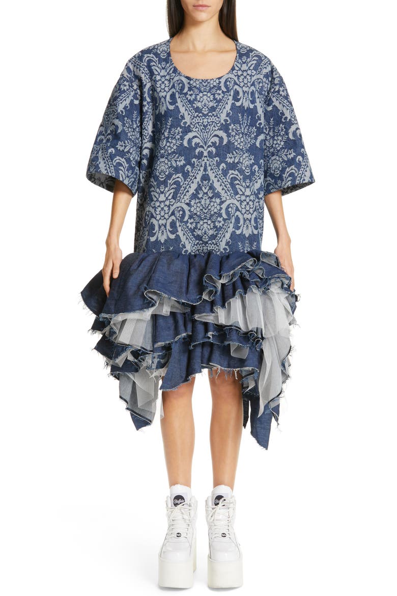 Denim Jacquard Tulle Dress, Main, color, DARK INDIGO X WHITE