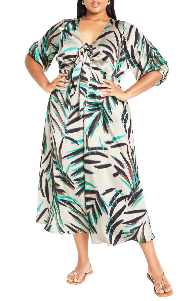 City Chic Leanna Puff Sleeve Maxi Dress, Main, color, Neon Foliage