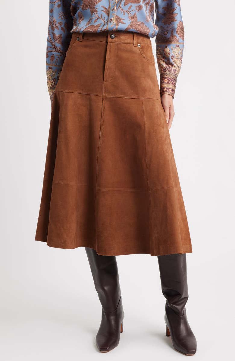 KOBI HALPERIN Matty Suede A-Line Skirt, Main, color, Cognac
