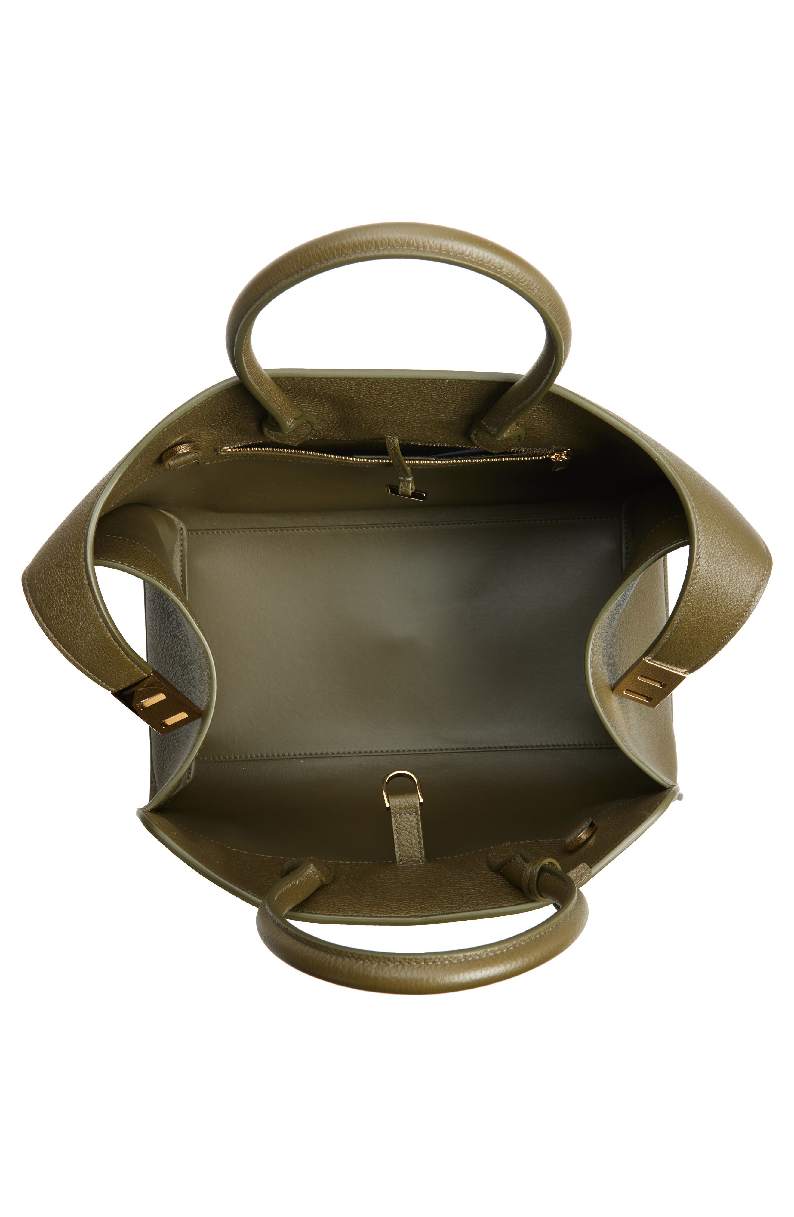 FERRAGAMO Small Hug Grained Leather Top Handle Bag, Alternate, color, New Olive