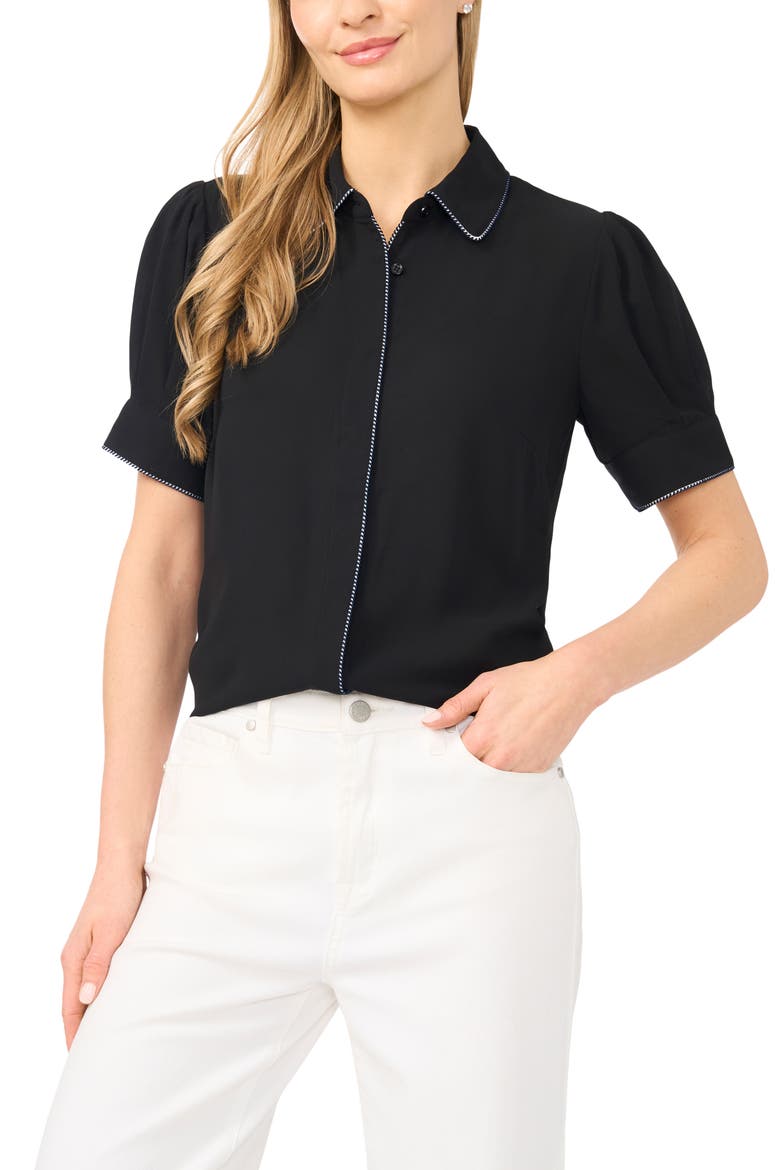 Contrast Tipped Georgette Button-Up Top, Main, color, RICH BLACK