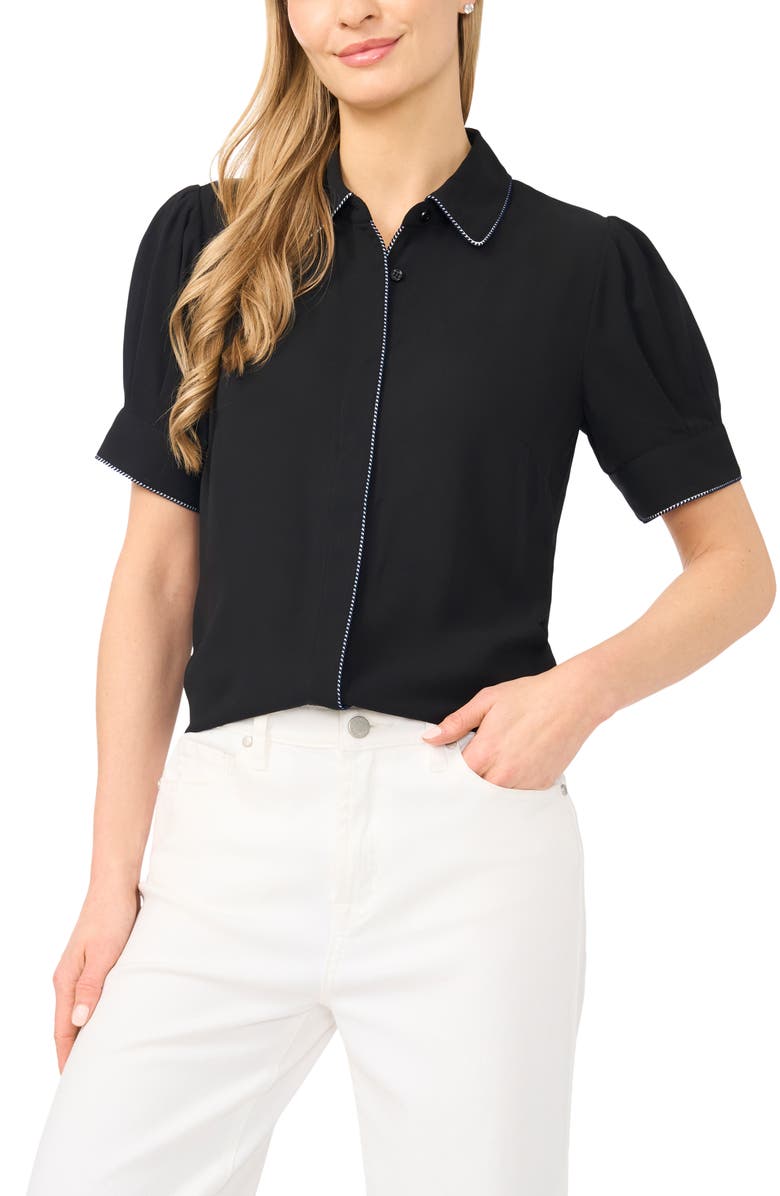 CeCe Contrast Tipped Georgette Button-Up Top, Main, color,