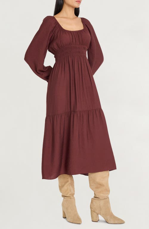 The Good Journey Long Sleeve Smocked Midi Dress In Brown