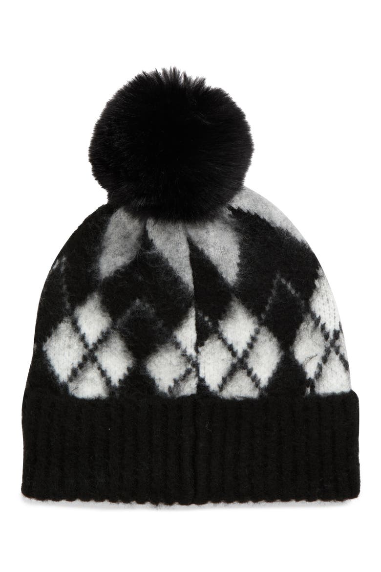Argyle Faux Fur Pompom Beanie, Alternate, color, BLACK