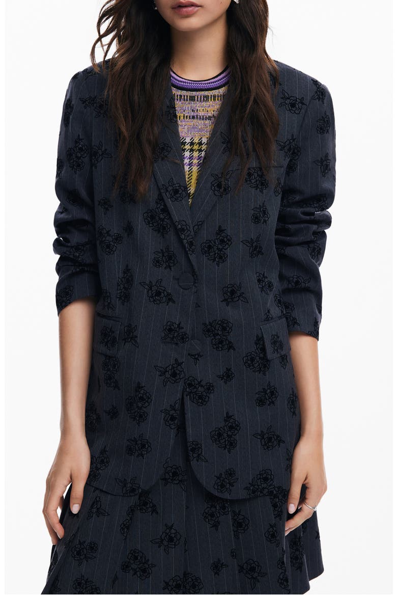Ame Floral Embroidery Pinstripe Jacket, Main, color, BLACK
