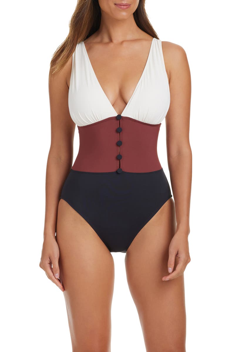 BLEU by Rod Beattie Colorblock Button One-Piece Swimsuit, Alternate, color,