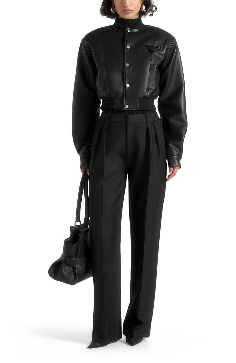 Manière De Voir Zina Leather Wide Shoulder Bomber Jacket, Main, color, Black