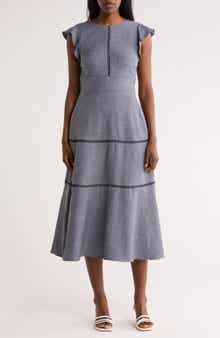 Calvin Klein Crosshatch Cap Sleeve Tiered Midi Dress