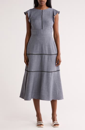Calvin Klein Crosshatch Cap Sleeve Tiered Midi Dress In Multi