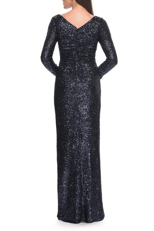 La Femme Long Sleeve Sequin Evening Dress With Ruching In Navy