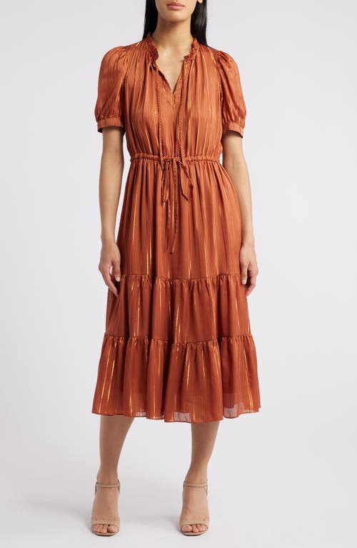 Julia Jordan Metallic Stripe Tiered Midi Dress in Rust 