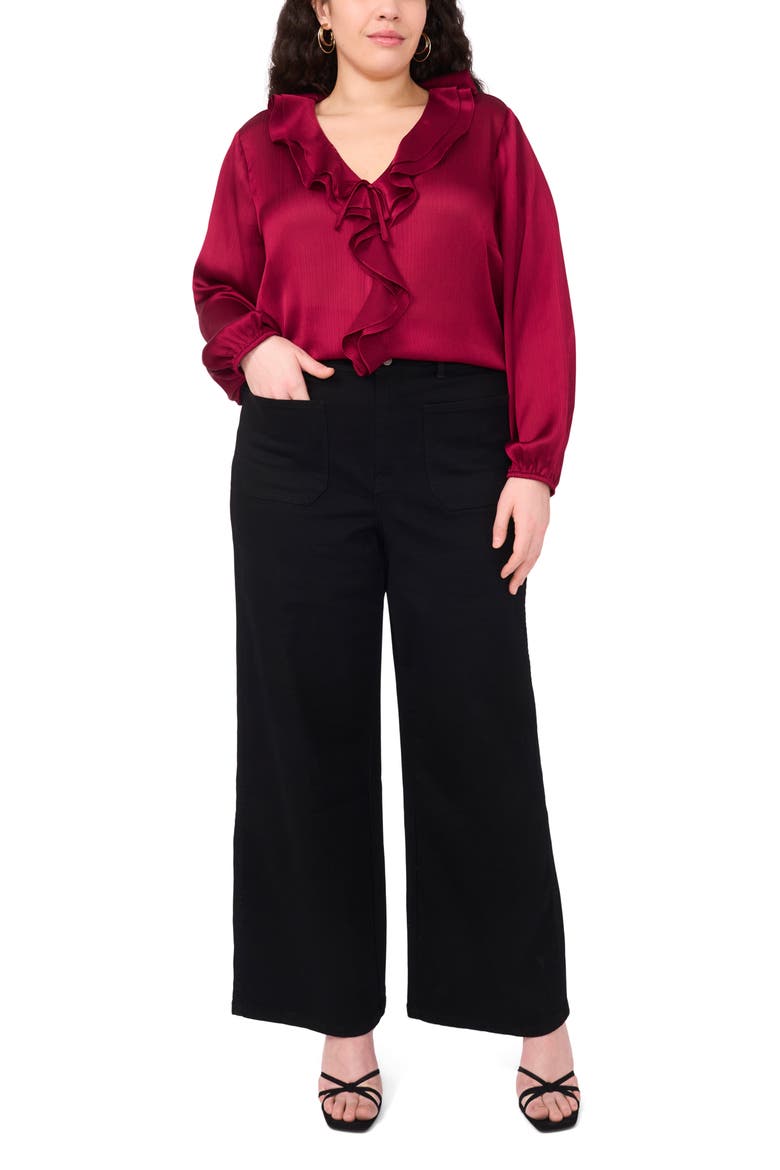 Double Ruffle Detail Textured Satin Top, Alternate, color, DEEP SANGRIA