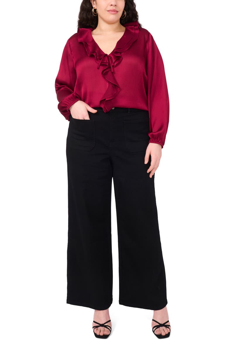 Vince Camuto Double Ruffle Detail Textured Satin Top, Alternate, color, Deep Sangria