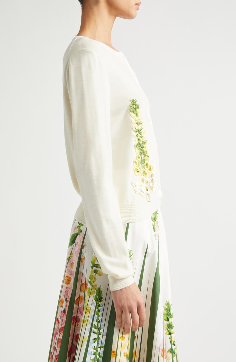 Oscar de la Renta Foxglove Embroidered Virgin Wool Cardigan, Alternate, color, Ivory