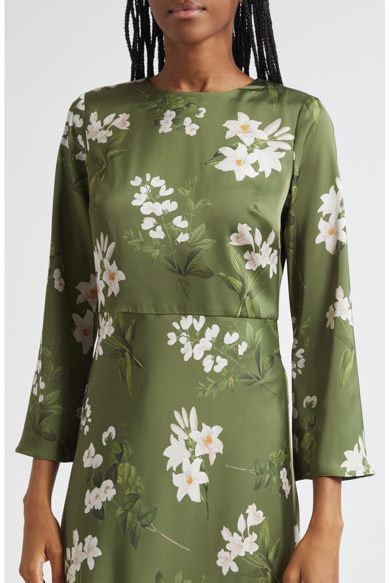 Tyra Floral Long Sleeve Satin Midi Dress, Alternate, color, MOSS FORMOSA