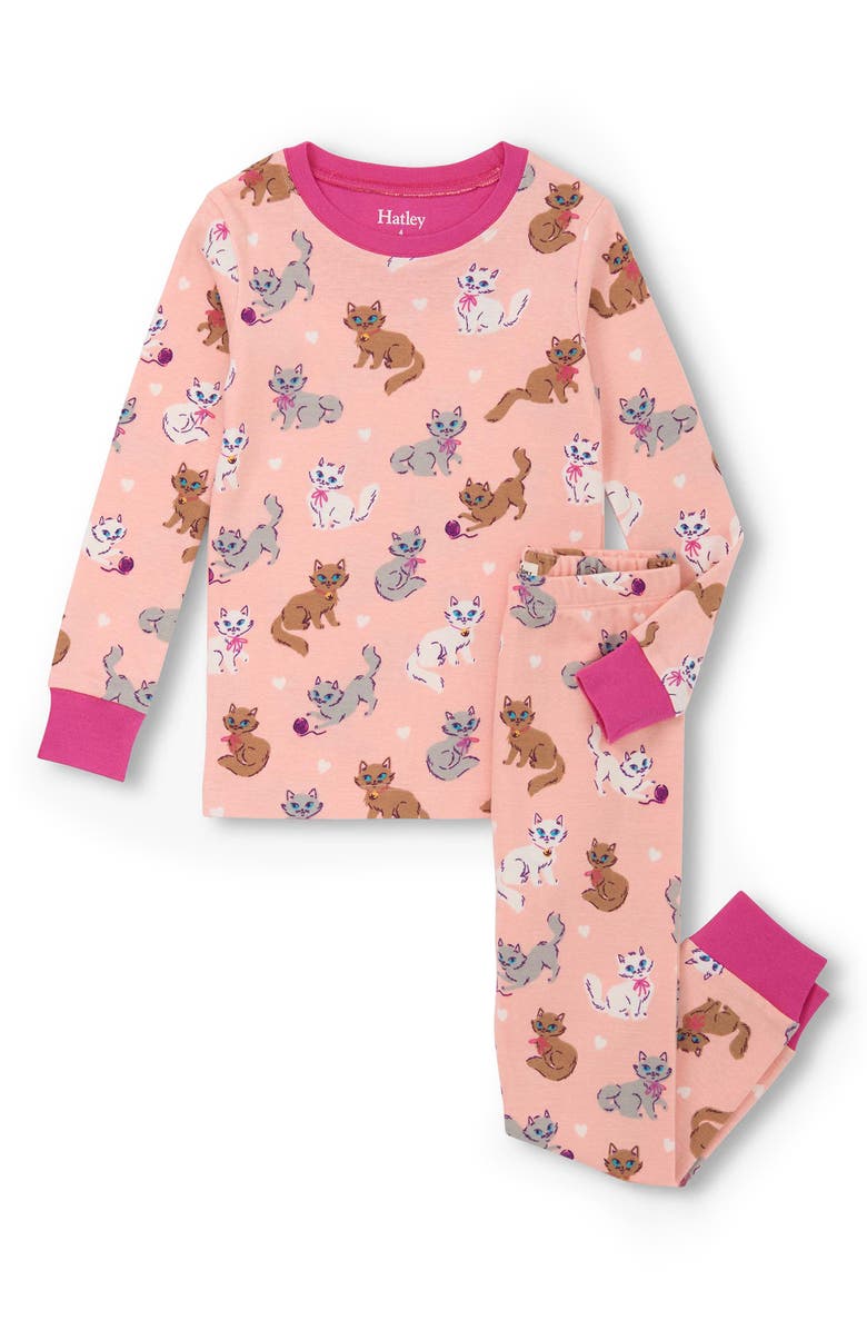 Hatley Kids' Little Kitties Organic Cotton Fitted Two-Piece Pajamas, Main, color, Powder Pink