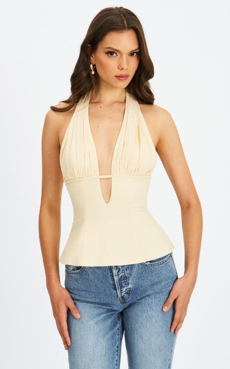 Quinzella Smock Back Halter Neck Linen Top