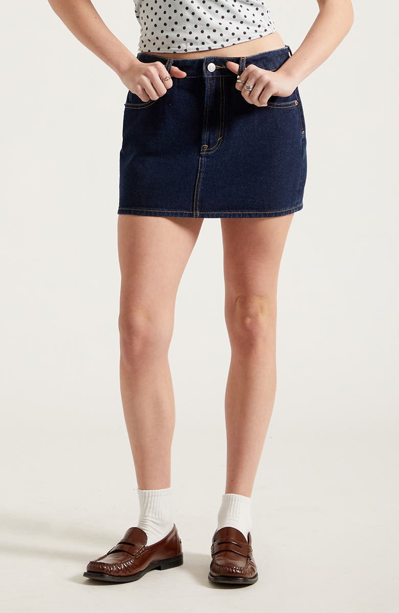 PacSun Bella Mid Rise Denim Miniskirt, Main, color, Dark Indigo