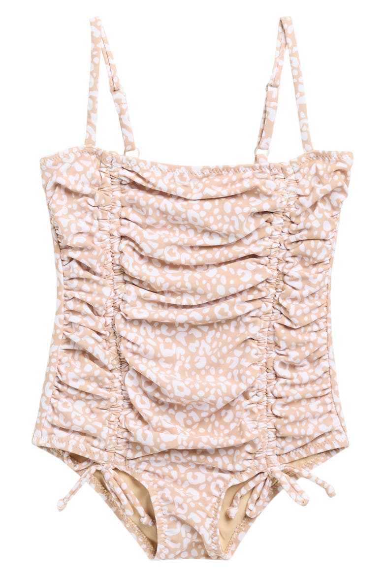 Kids' Ditsy Leopard Ruched One-Piece UPF 50+ Swimsuit, Main, color, BROWN