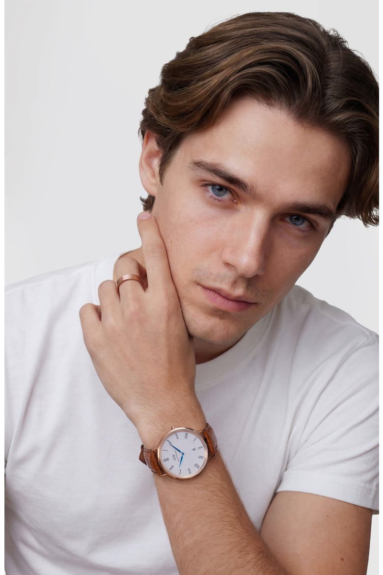 Classic Roman Numerals Leather Strap Watch, 40mm, Alternate, color, WHITE/ ROSE/ TAN