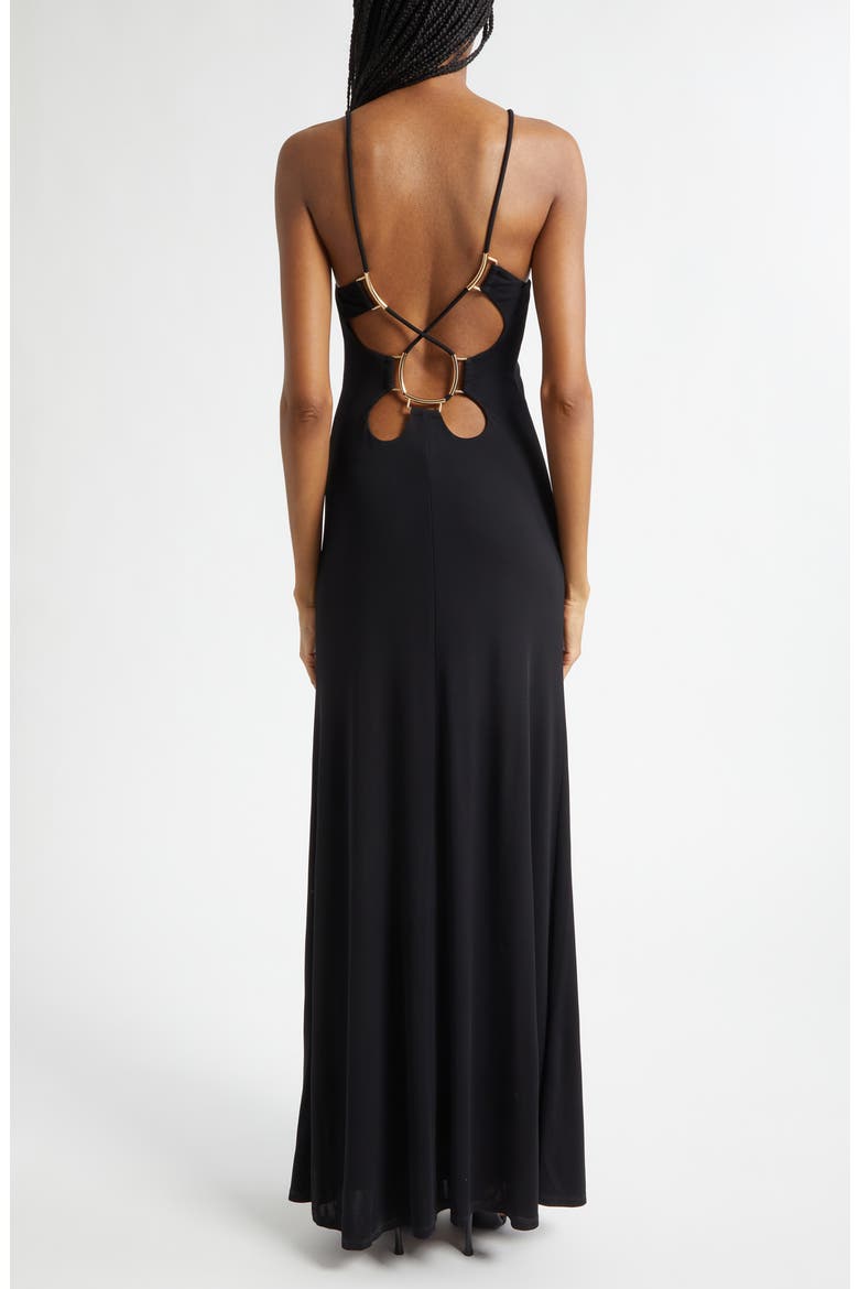 Chrissy Cutout Sleeveless Gown, Alternate, color, BLACK