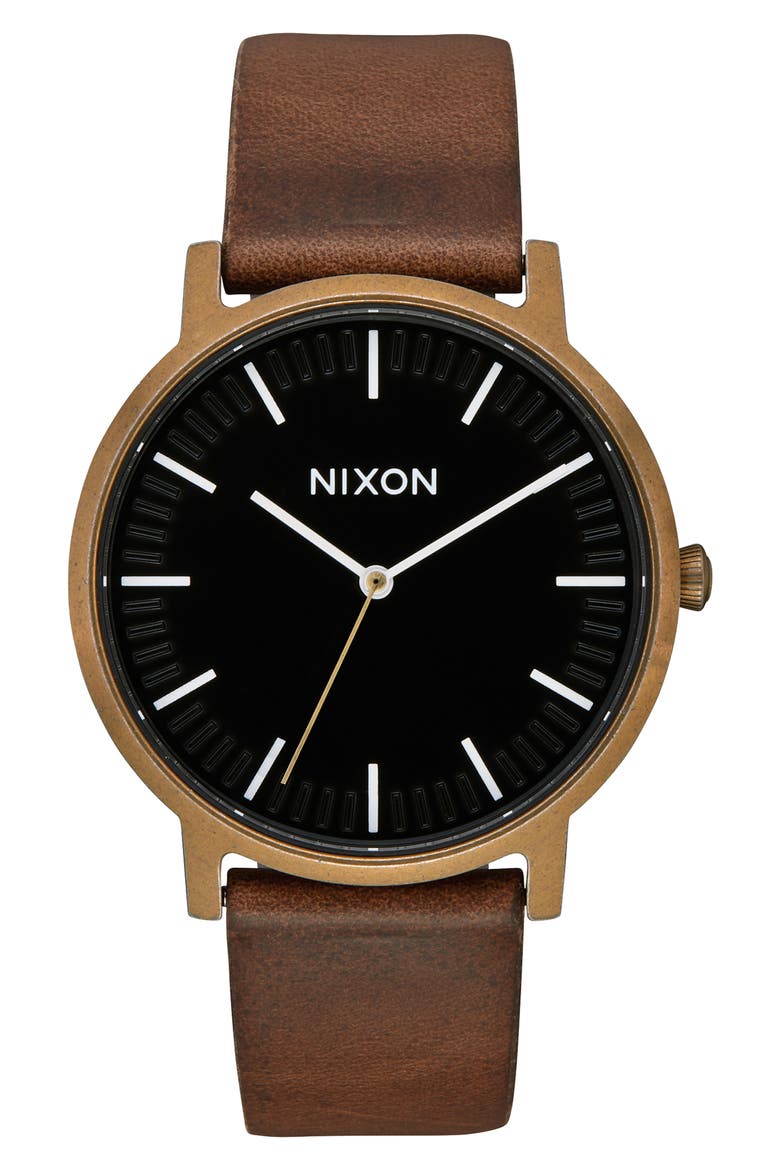 Porter Round Leather Strap Watch, 40mm, Main, color, BROWN/ BLACK/ BRASS