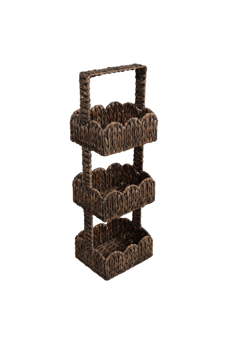 Terra Coastal Handwoven Water Hyacinth 3-Tier Scalloped Basket Freestanding Storage Tower Stand with Top Handle, Main, color, Brown