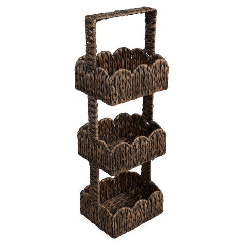 Terra Coastal Handwoven Water Hyacinth 3-Tier Scalloped Basket Freestanding Storage Tower Stand with Top Handle