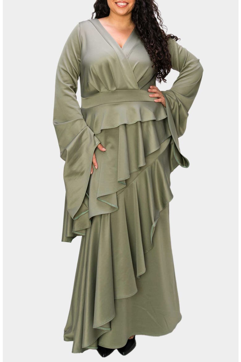 Zeta Ruffled Long Sleeve Drama Dress, Main, color, DK SAGE