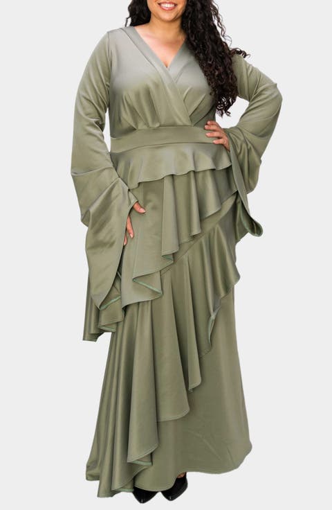 Zeta Ruffled Long Sleeve Drama Dress (Plus)