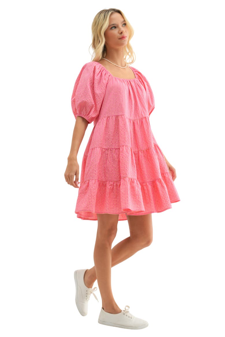 Plaid Puff Sleeve Cotton Blend Tiered Minidress, Alternate, color, PUNCH/ YELLOW