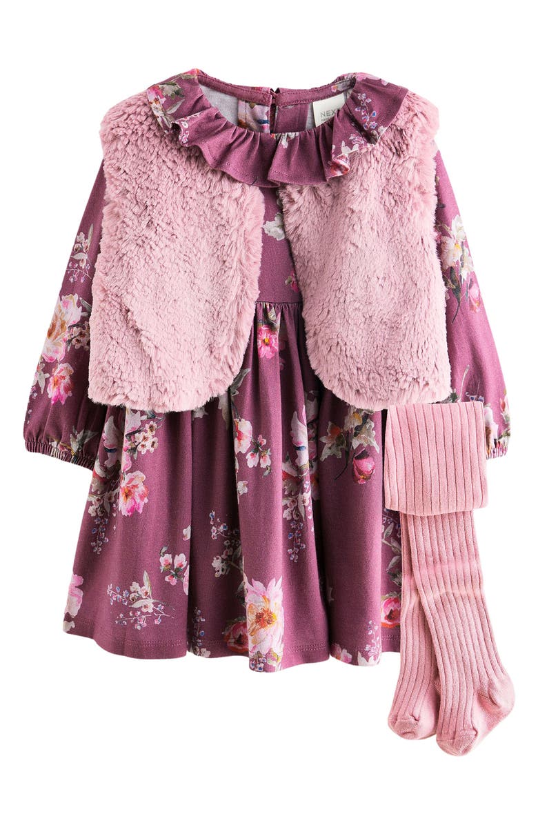 NEXT Kids' Floral Dress, Faux Fur Vest & Tights Set, Main, color, 