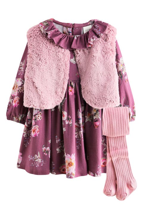 Kids' Floral Dress, Faux Fur Vest & Tights Set
