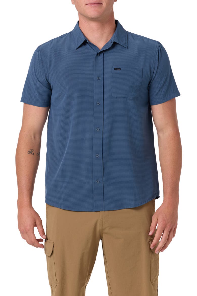 TRVLR Perforated Performance Short Sleeve Button Up Shirt, Main, color, DARK SLATE