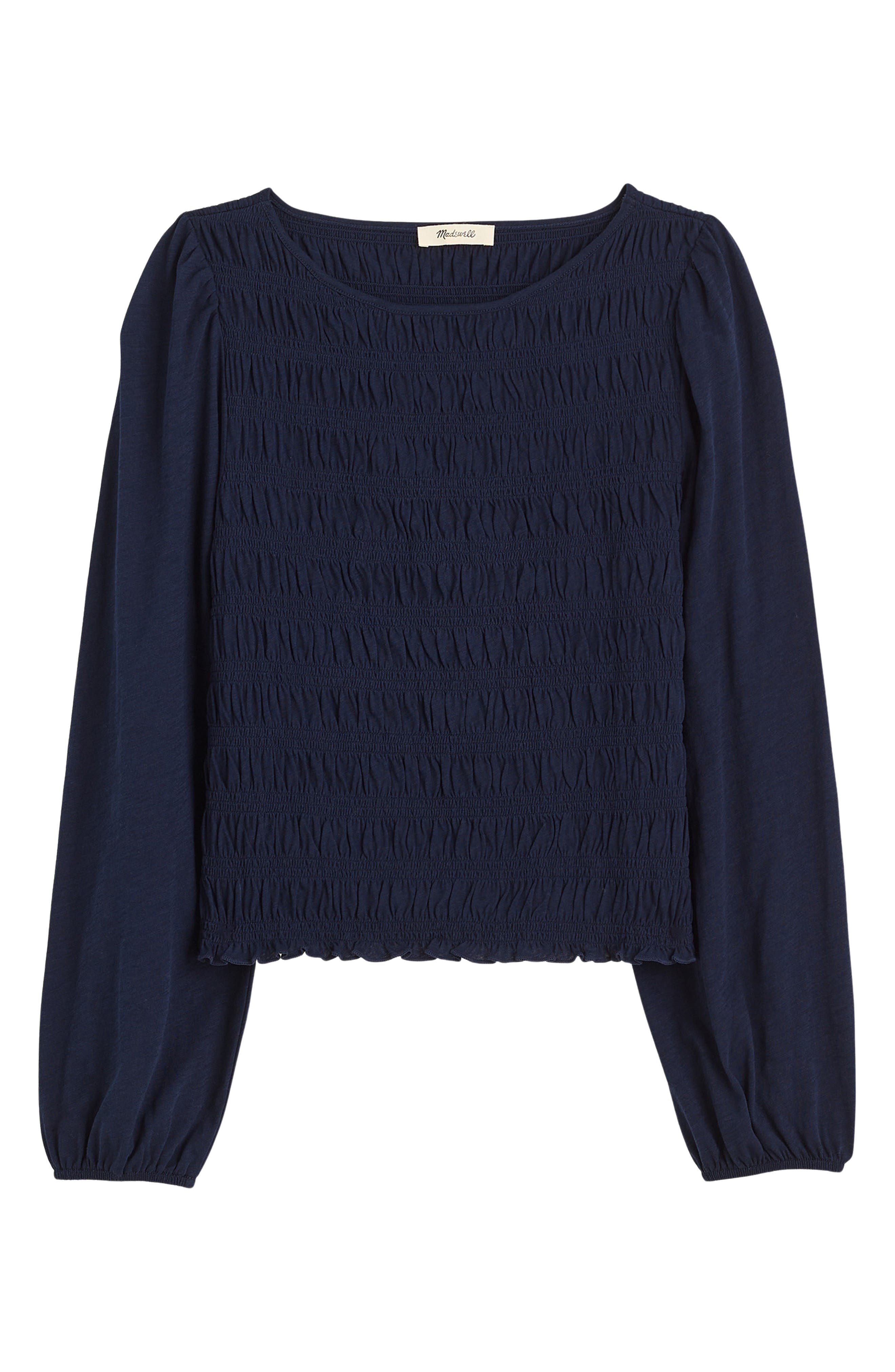 Smocked Boat Neck Long Sleeve Cotton Top