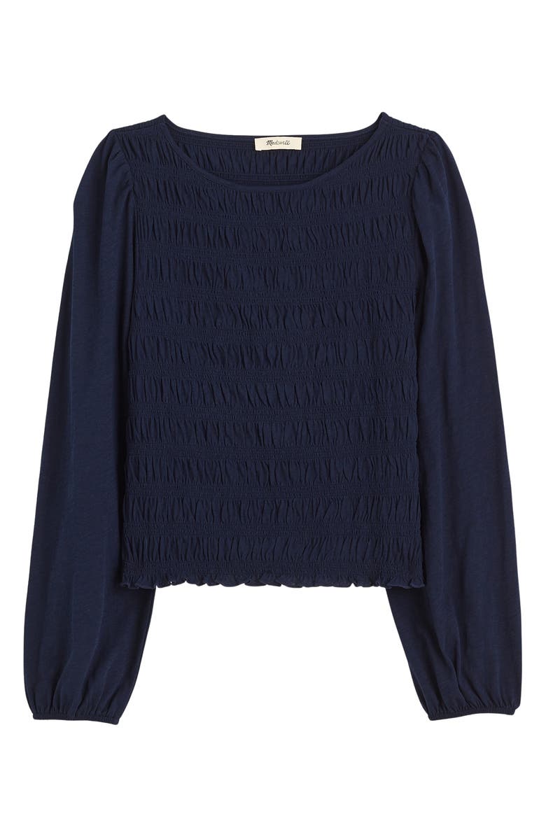 Madewell Smocked Boat Neck Long Sleeve Cotton Top, Main, color, Midnight Navy