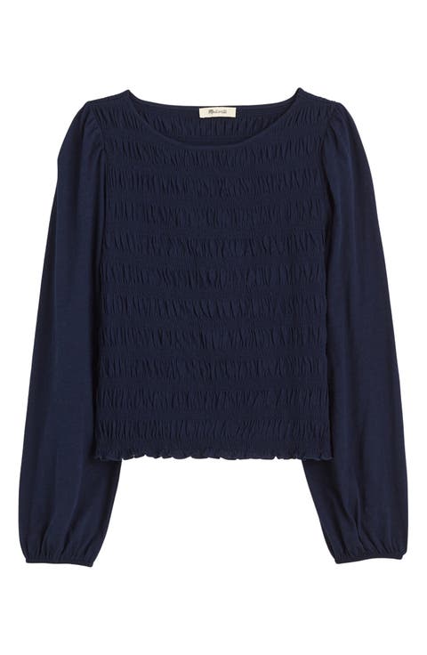 Smocked Boat Neck Long Sleeve Cotton Top