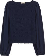 Madewell Smocked Boat Neck Long Sleeve Cotton Top
