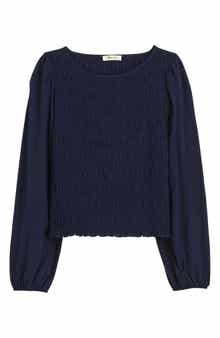 Madewell Smocked Boat Neck Long Sleeve Cotton Top