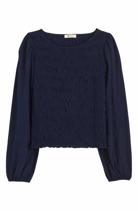 Madewell Smocked Boat Neck Long Sleeve Cotton Top