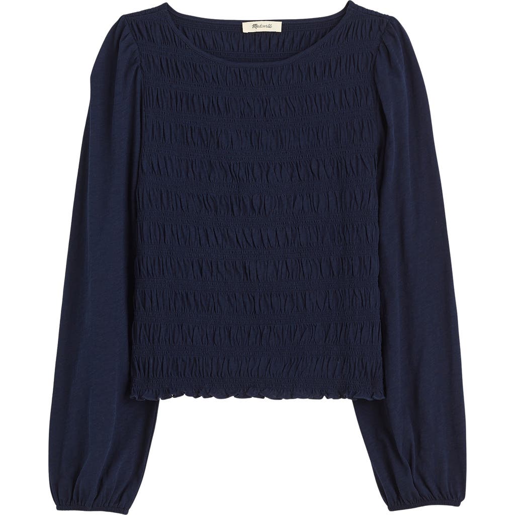 Madewell Smocked Boat Neck Long Sleeve Cotton Top In Blue