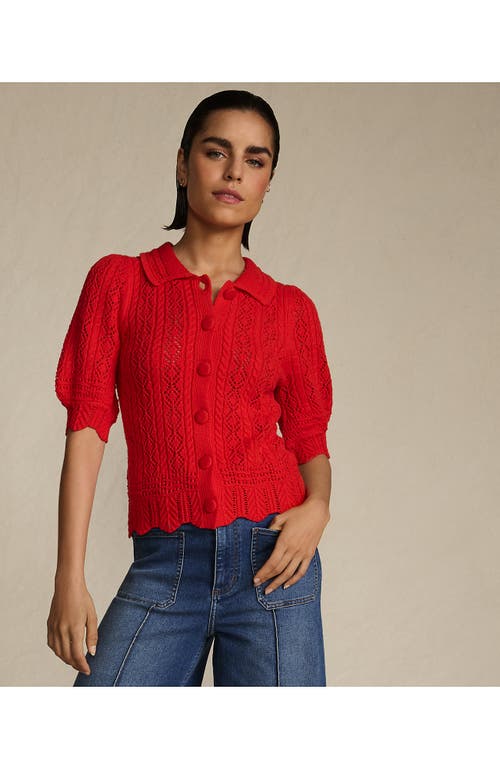 Lands' End Lace Pointelle Puff Sleeve Cardigan Sweater In Red