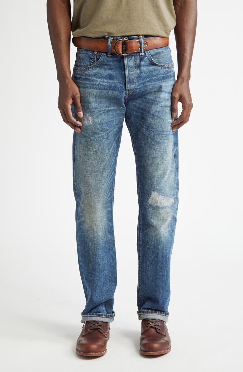 Double RL Slim Fit Rip & Repair Selvedge Bootcut Jeans, Main, color, 