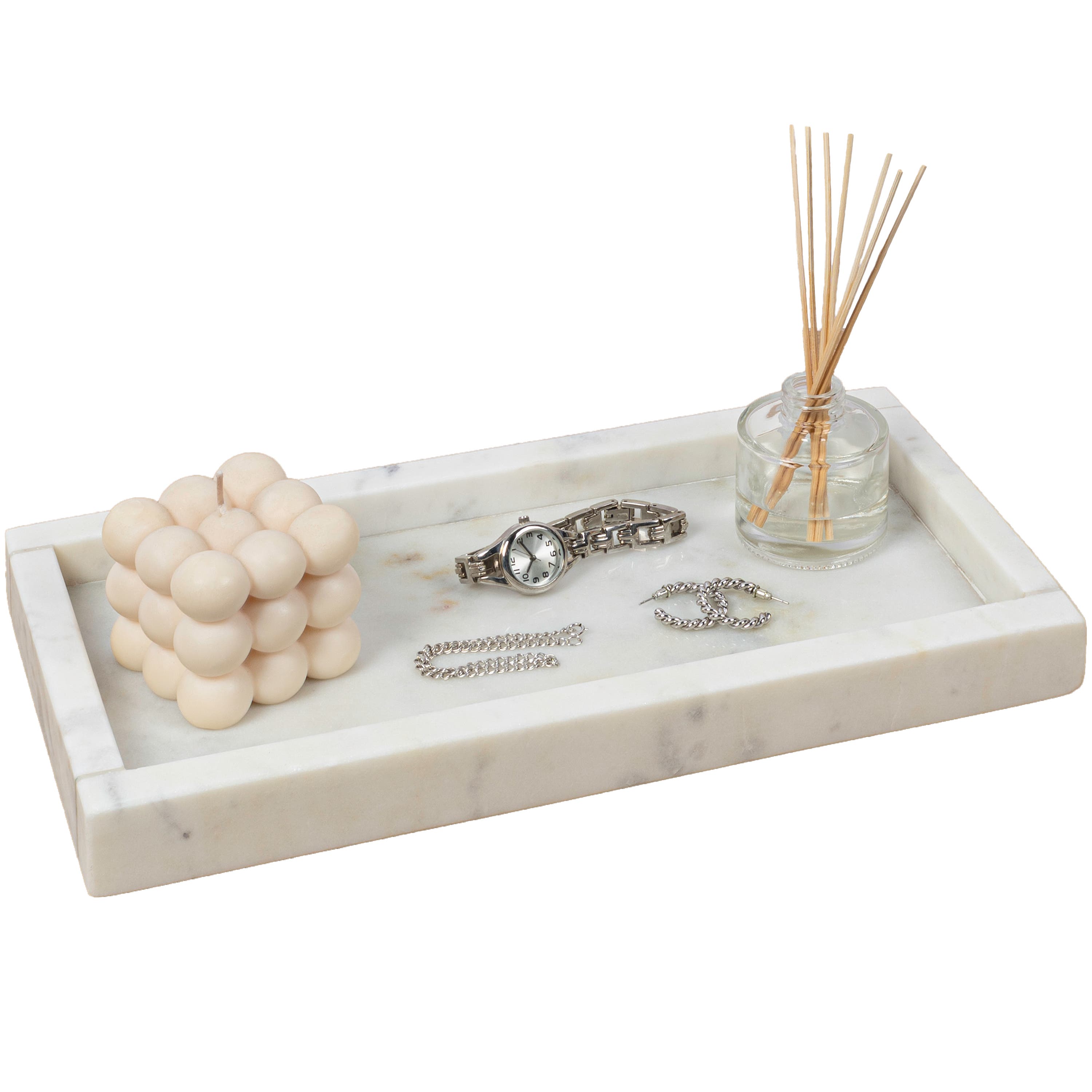 HAPPIMESS Luxe Stone Classic Minimalist Rectangular Marble Bathroom Countertop Tray - White Marble