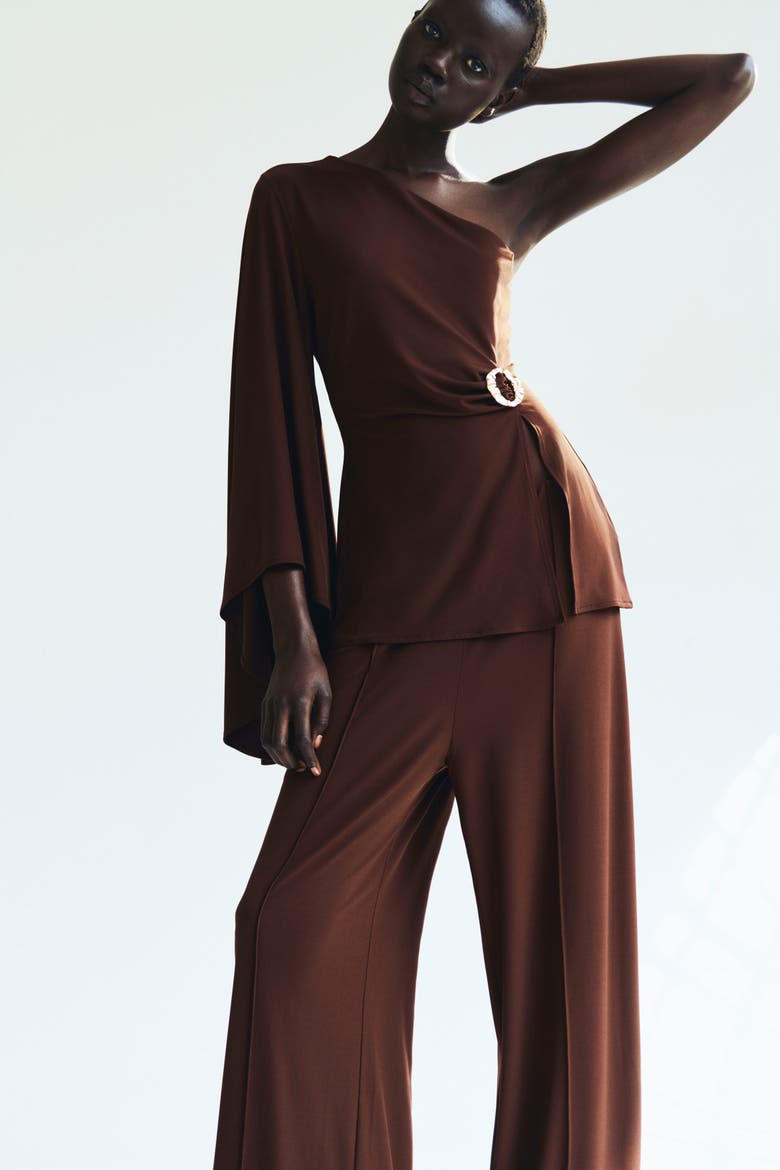 Draped One-shoulder Top, Alternate, color, Dark brown