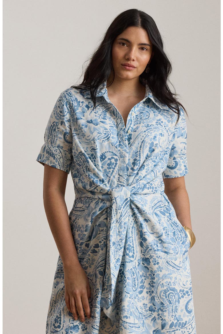 Paisley Print Linen Shirtdress, Alternate, color, WHITE/ BLUE