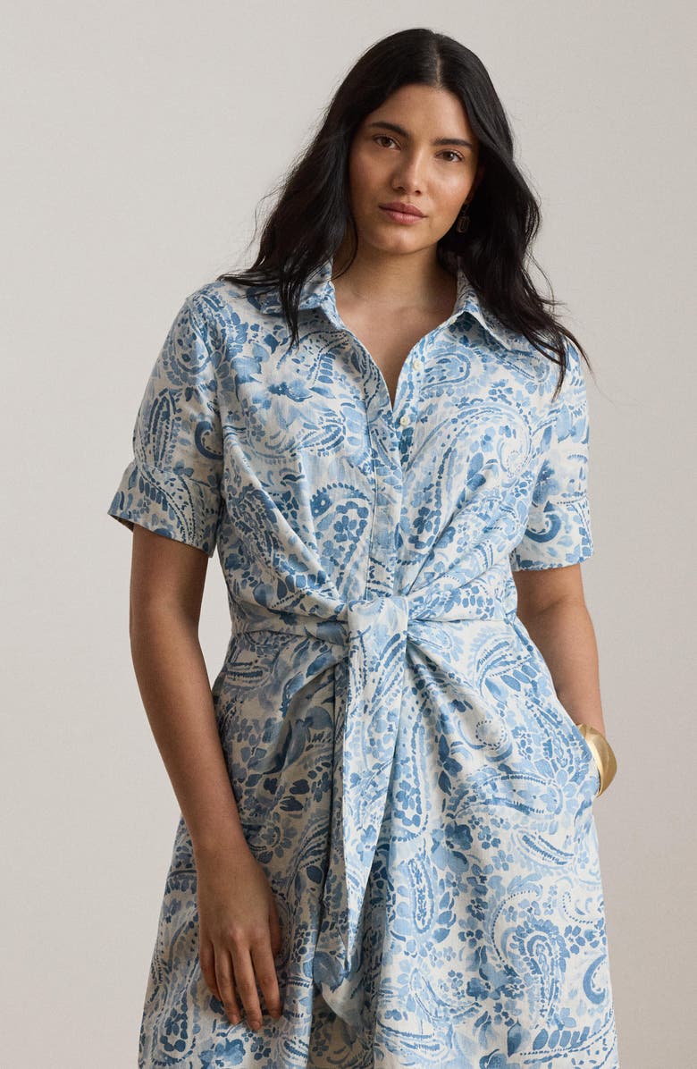Lauren Ralph Lauren Paisley Print Linen Shirtdress, Alternate, color, White/ Blue