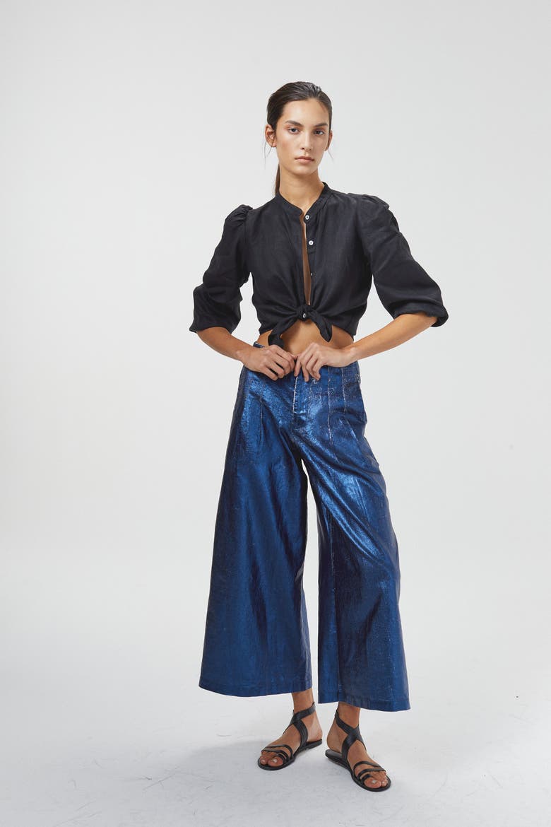 Culotte Metallic Linen Pant, Alternate, color, Metallic Dark Blue