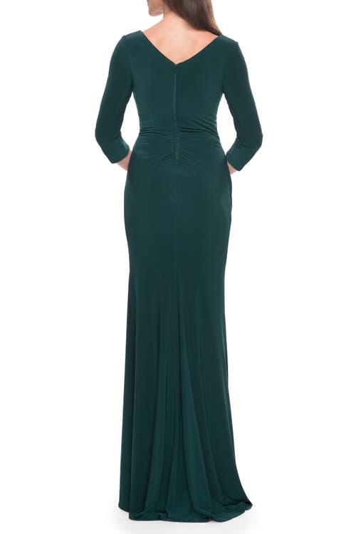 La Femme Long Evening Dress With Wrap Style Neckline In Hunter Green