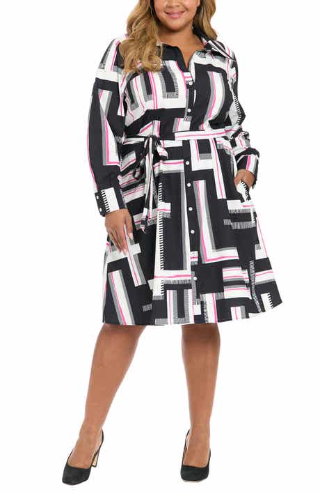 Geo Print Long Sleeve Shirtdress